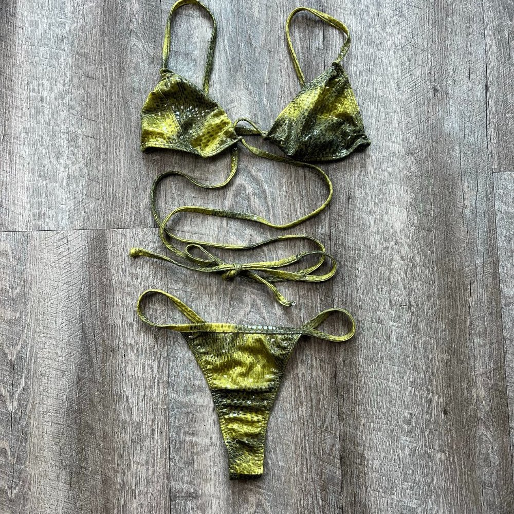Sauvage Green Shiny Wrap Thong Bikini Set